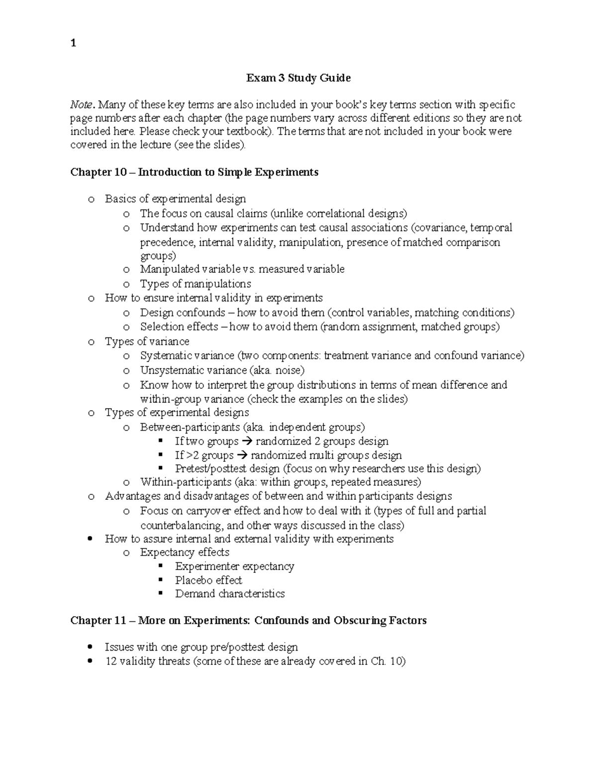 Exam 3 Study Guide: Key Concepts in Experimental Design and Analysis ...