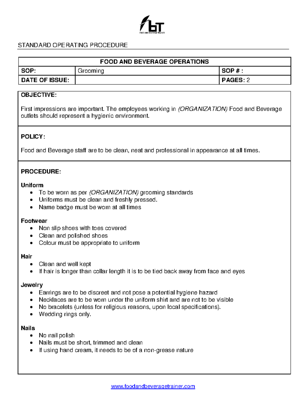 SOP for Grooming Standards in Food Service Industry - Studocu