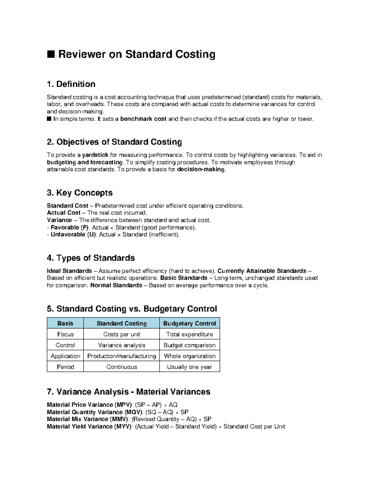 Standard Costing Review: Key Concepts and Variance Analysis - Studocu