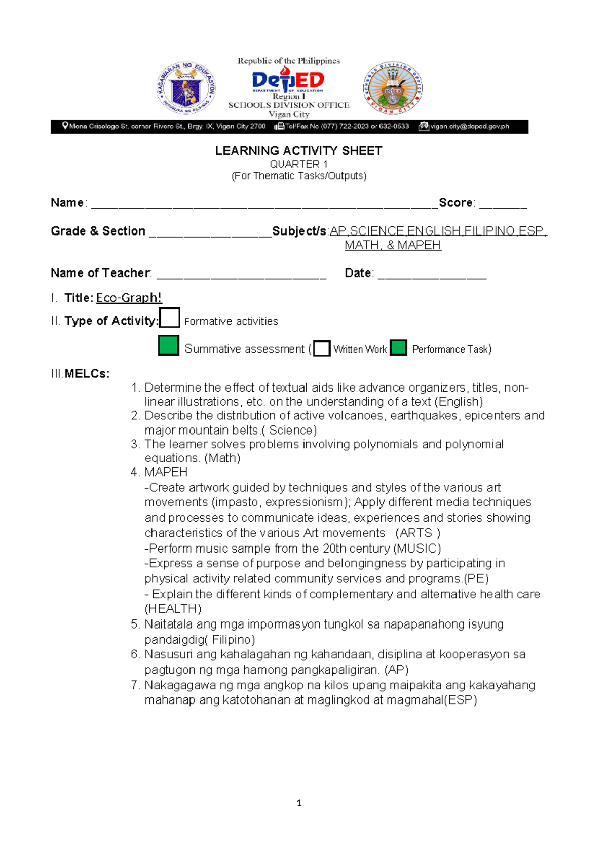 Final Grade 10 Learning Activity Sheet Q1: Thematic Assessment - Studocu