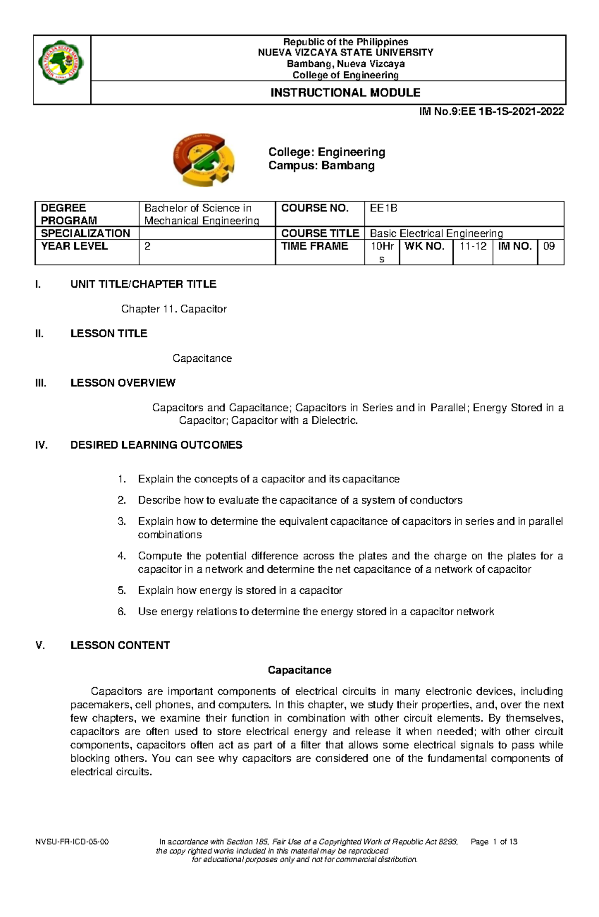 IM No.9:EE Lesson Notes on Capacitors and Capacitance Concepts - Studocu