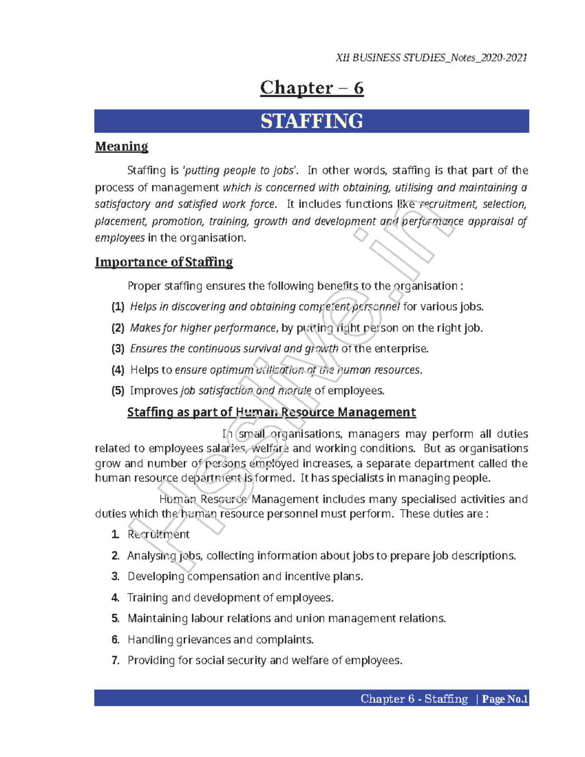HSSLIVE-XII: Chapter 6 Staffing Notes - Studocu