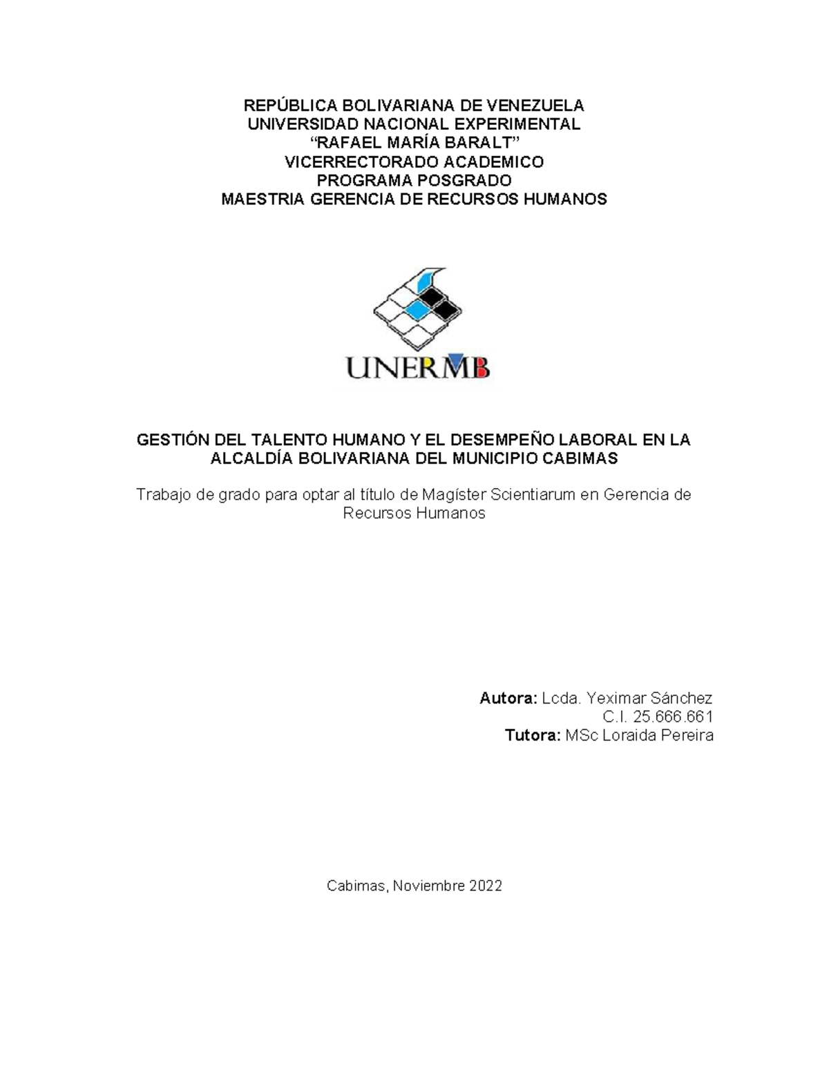 Tesis de Grado: Gestión del Talento Humano y Desempeño Laboral - UNERMB - Document Preview