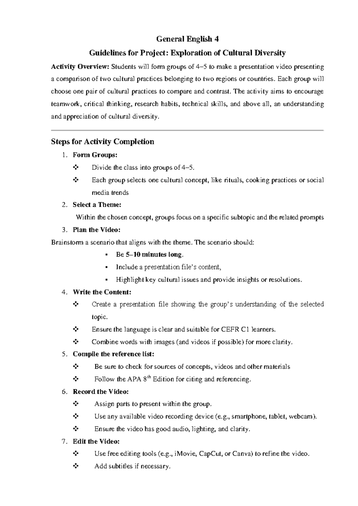 Cultural Project Guidelines for General English 4: Exploring Diversity ...