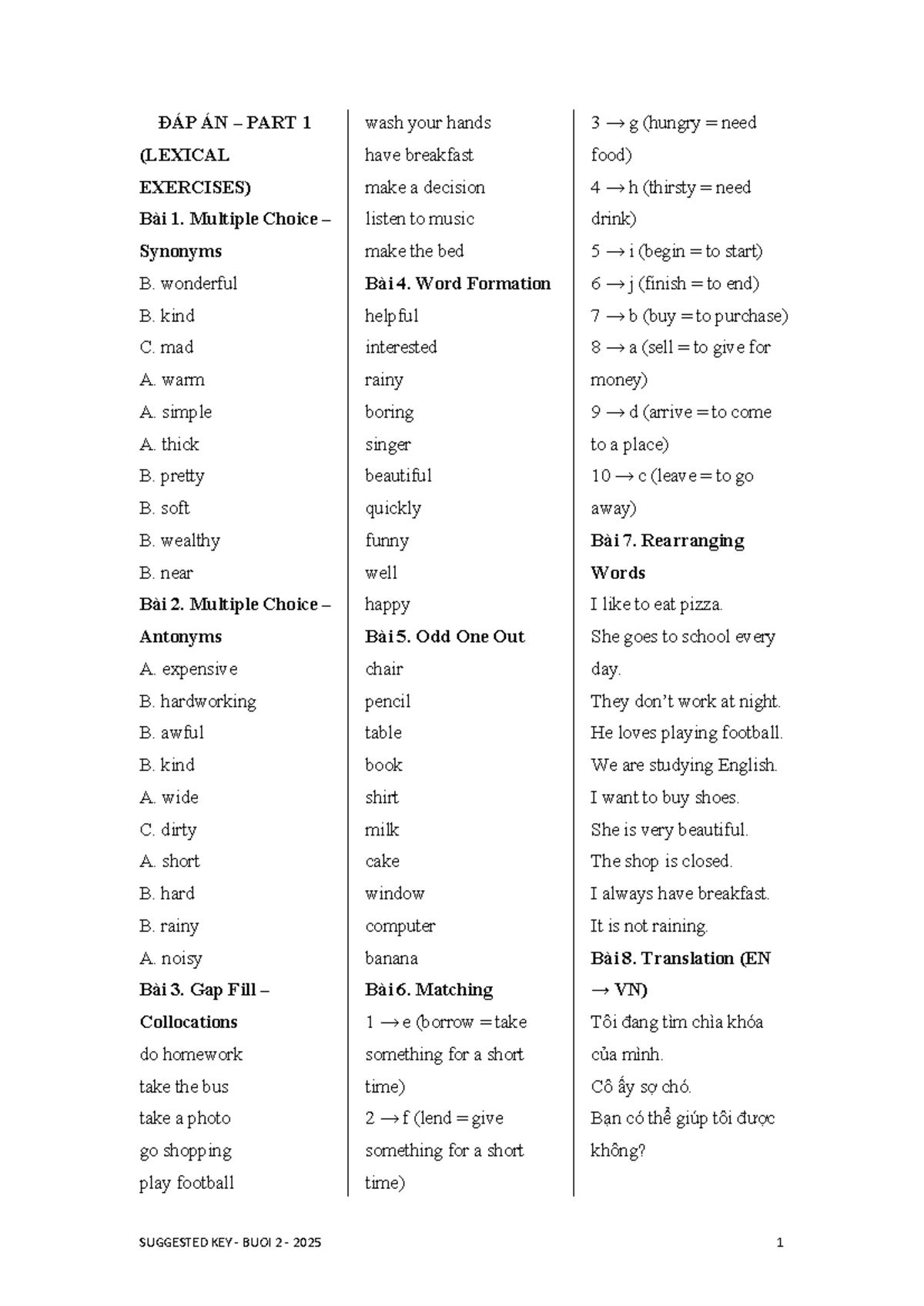 ĐÁP ÁN PART 1 & 2 - BUOI 2 - Lexical Exercises & Grammar Practice - Studocu