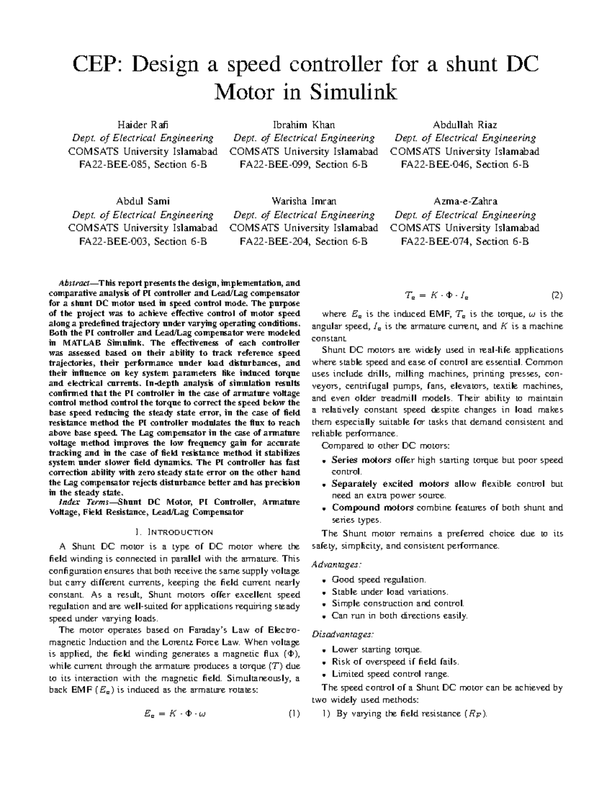 EM CEP: Speed Control Design for Shunt DC Motor in Simulink - Studocu