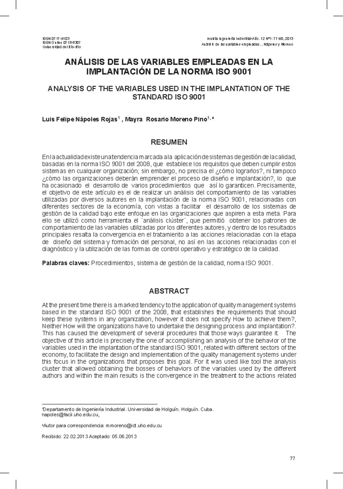 Análisis de las Variables en la Implantación de la Norma ISO 9001 ...