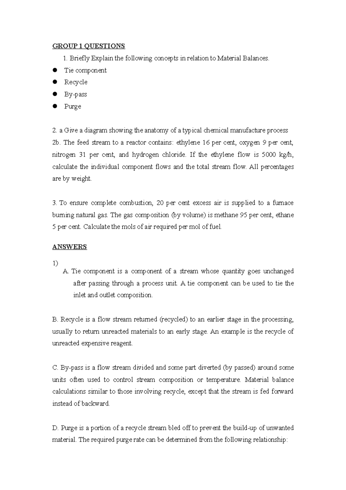 Group 1 Material Balances & Chemical Process Design Questions - Studocu