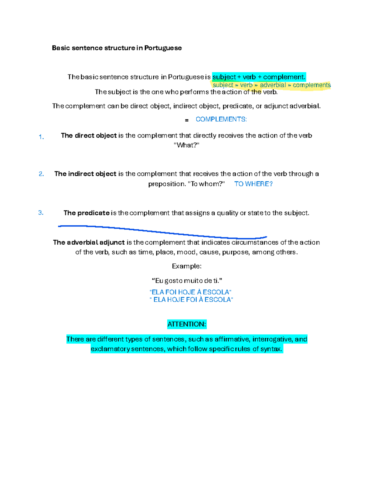Portuguese Sentence Structure: Subject, Verb, and Complements - Studocu