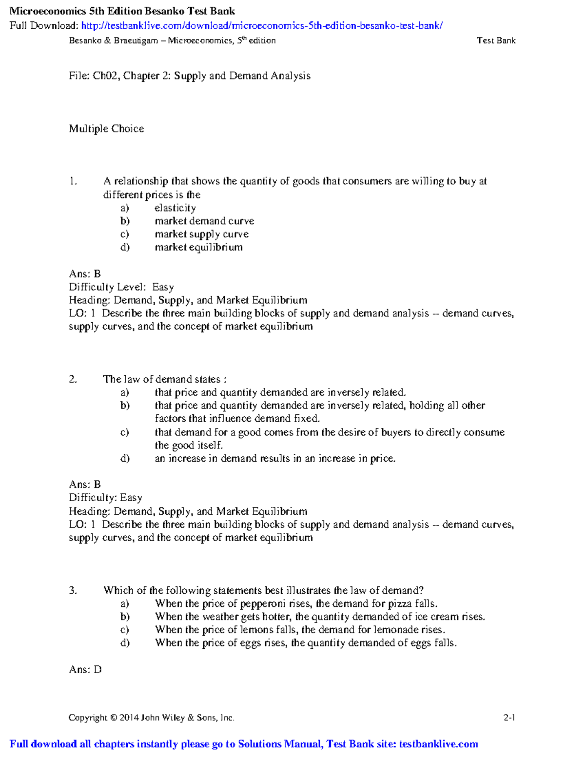Microeconomics 5th Edition Besanko Test Bank: Supply &amp; Demand Analysis ...