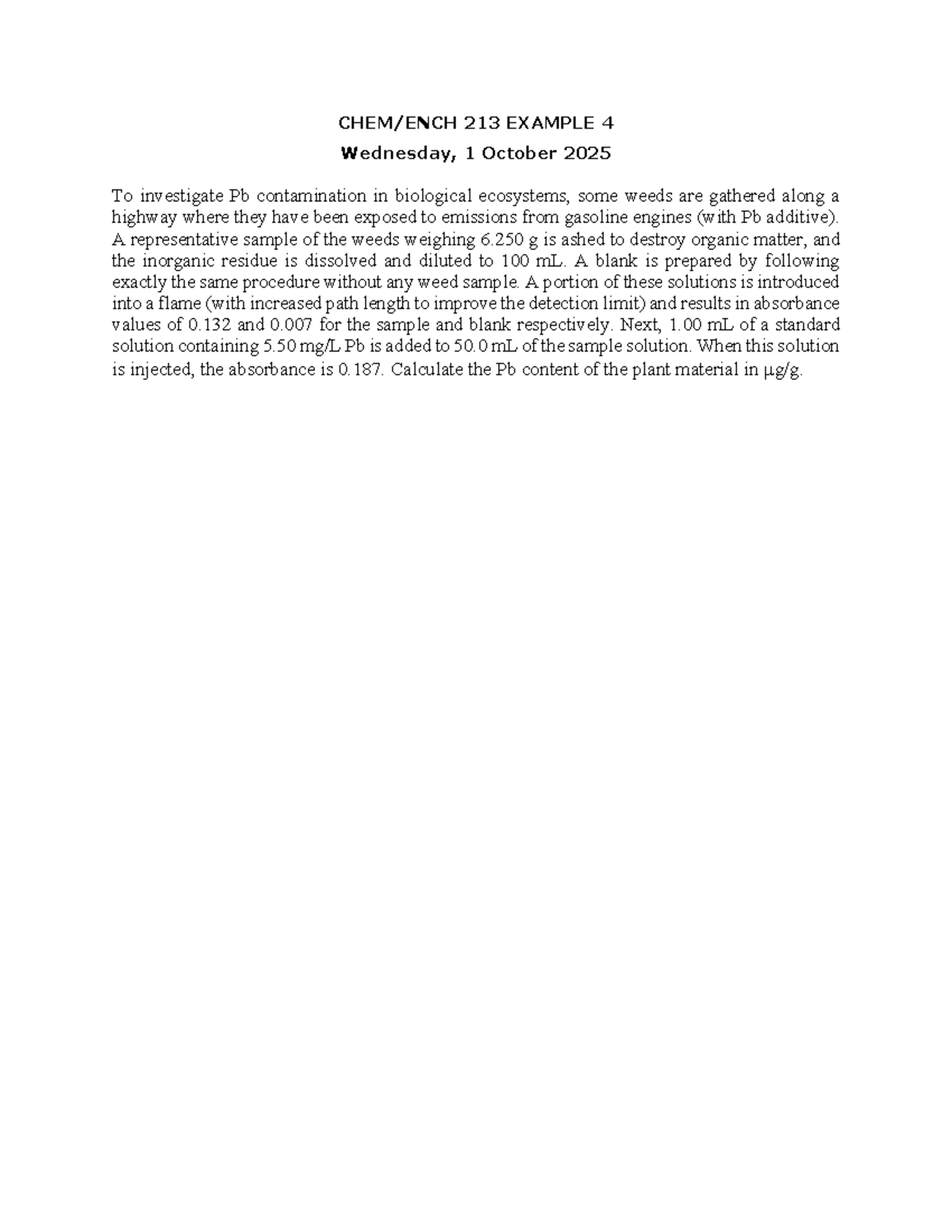 213 EXAMPLE 4: Pb Contamination in Weeds - Tutorial Question - Studocu