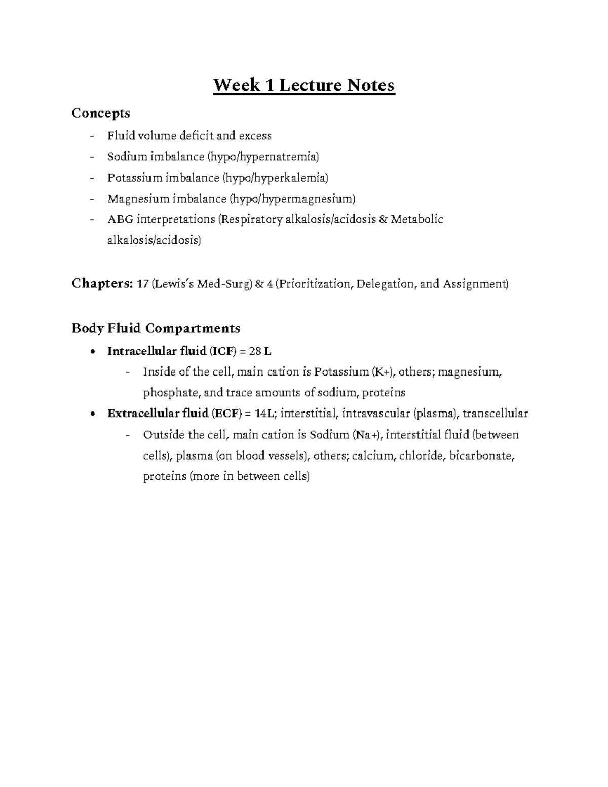 Week 1 Lecture Notes: Fluid and Electrolyte Imbalances (NURS 101) - Studocu