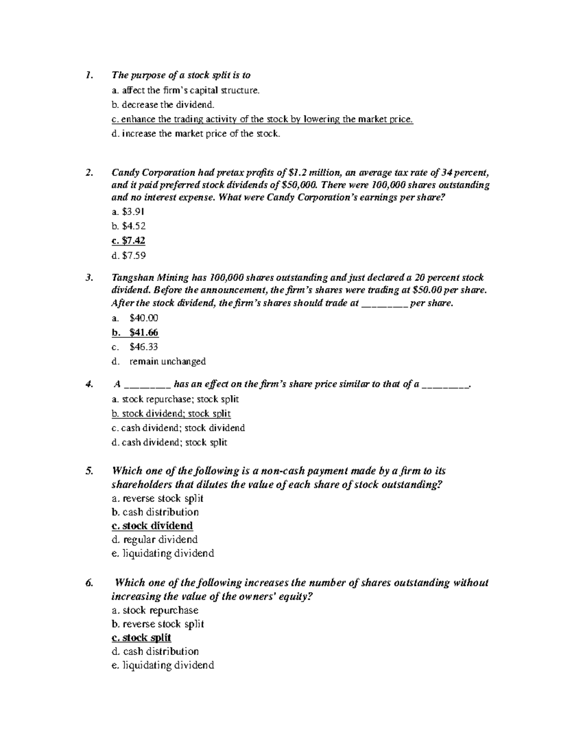 Assignment 2: MCQs on Dividends and Stock Splits - Studocu