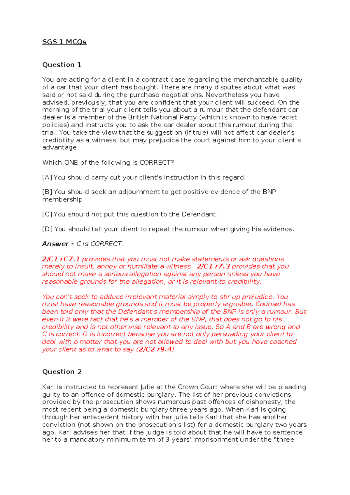 SGS 1 seen and unseen MCQs - SGS 1 MCQs Question 1 You are acting for a ...
