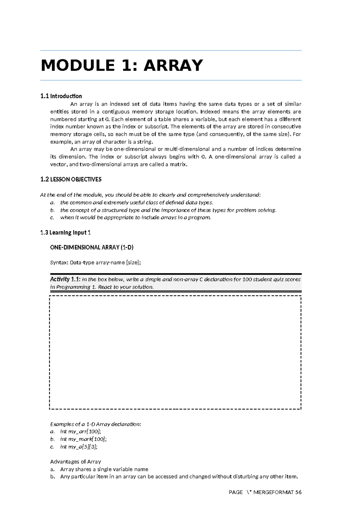 Module 112 - Lecture Notes on Arrays and Their Applications - Studocu