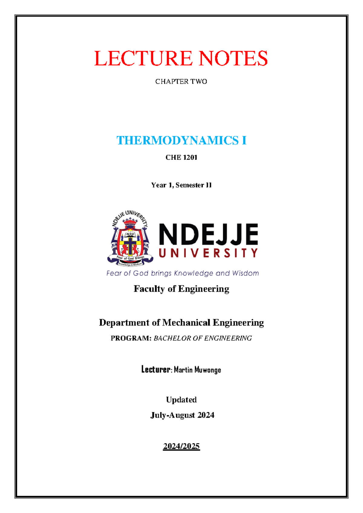 LECTURE NOTES CHAPTER 2 THERMODYNAMICS I CHE 1201 - Studocu