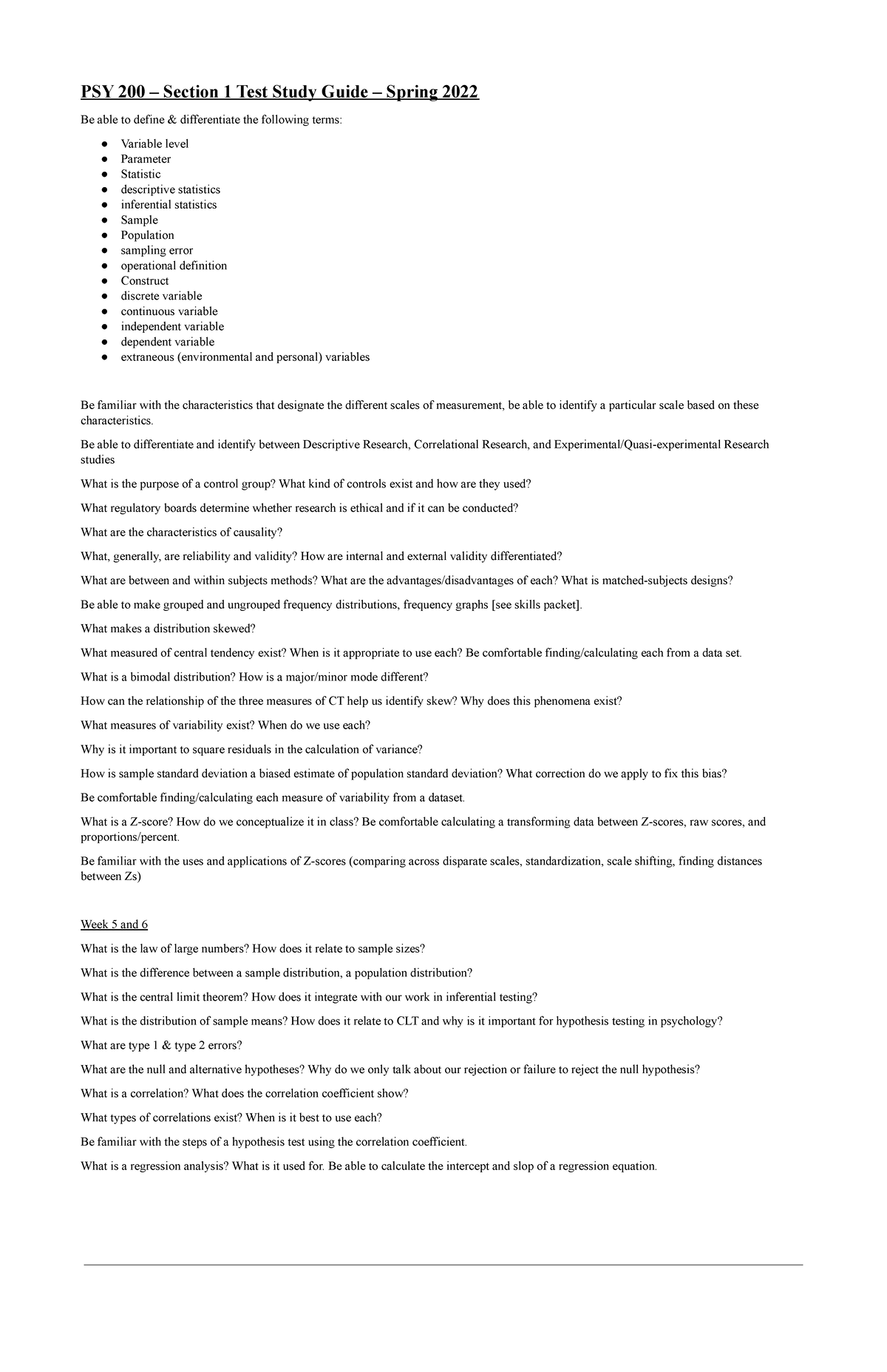 PSY 200 - Exam 1 Study Guide: Key Terms & Statistical Methods - Studocu