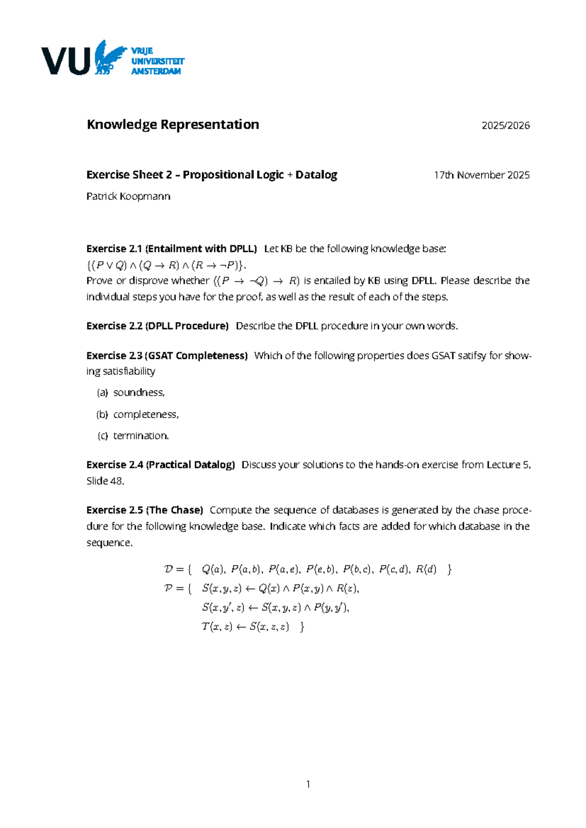 KR-WG2 Propositional Logic Exercise Sheet 2 - DPLL & GSAT - Studeersnel