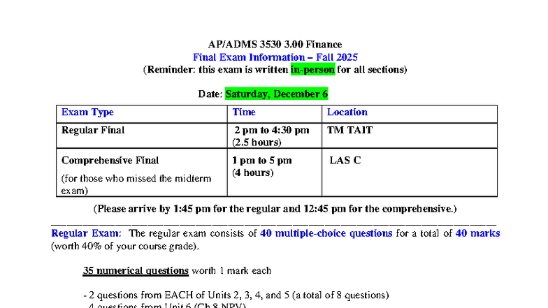 ADMS 3530 Finance Final Exam Details - Fall 2025 - Studocu