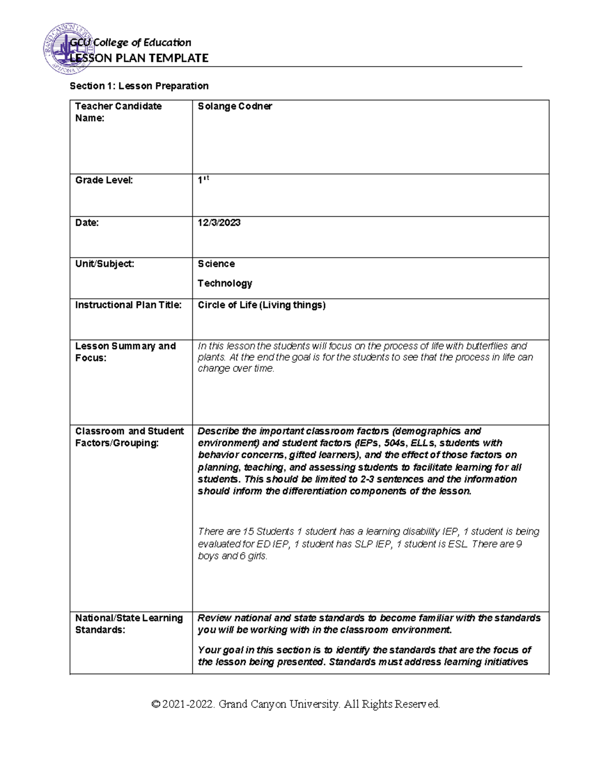 ELM-463 Technology Lesson Plan: Circle of Life in Science - Studocu