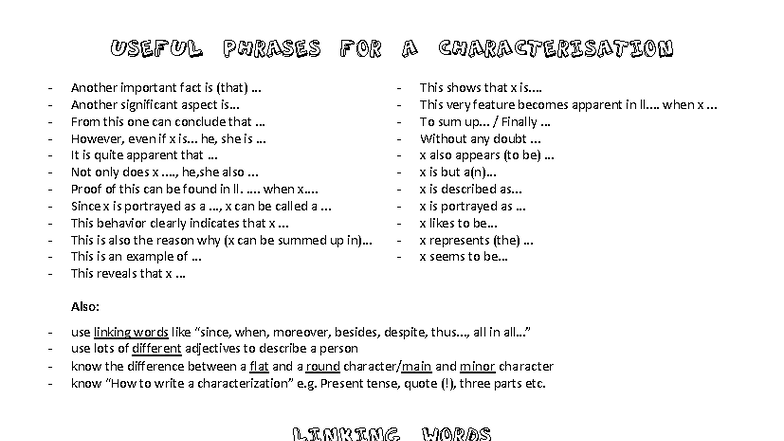 Characterisation Phrases & Linking Words for Essay Writing - Studocu