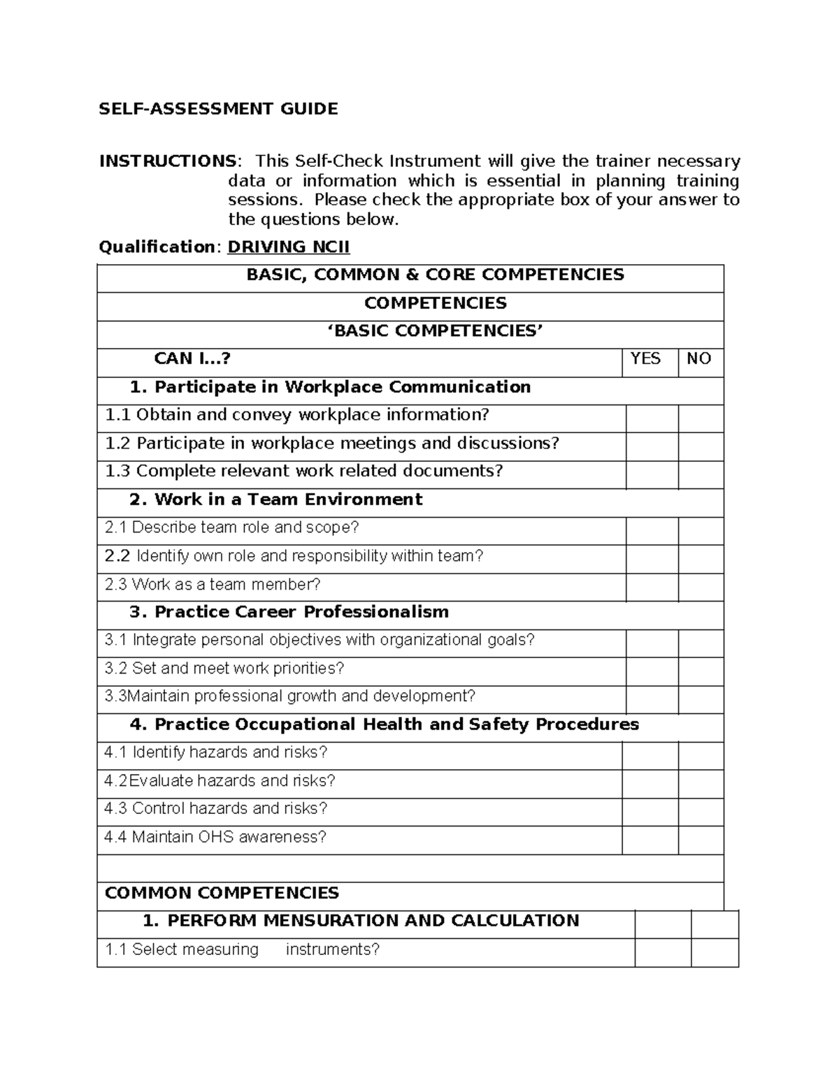 Driving NCII Competency Self-Assessment Guide - Unit 4 - Studocu