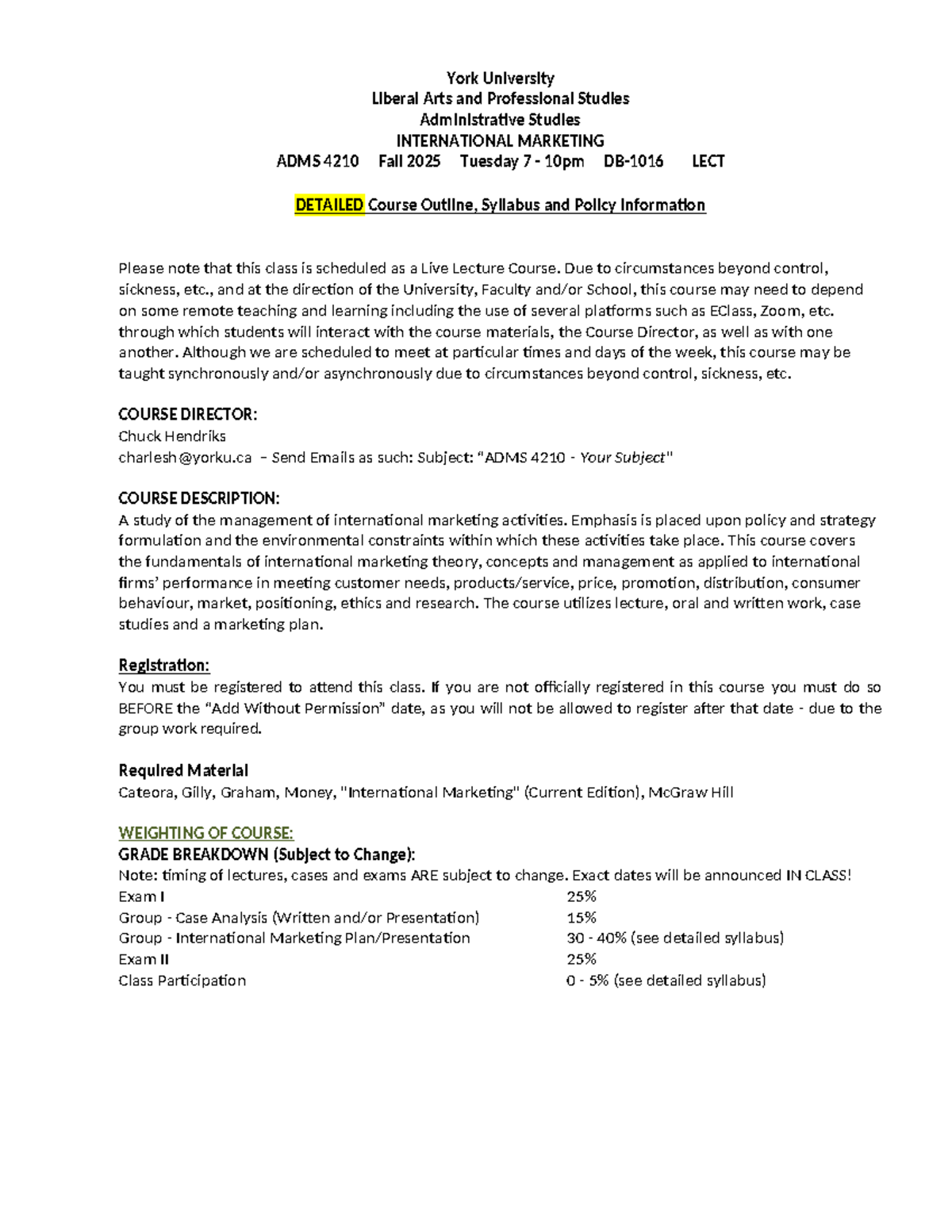 ADMS 4210 International Marketing Course Outline - Fall 2025 - Studocu