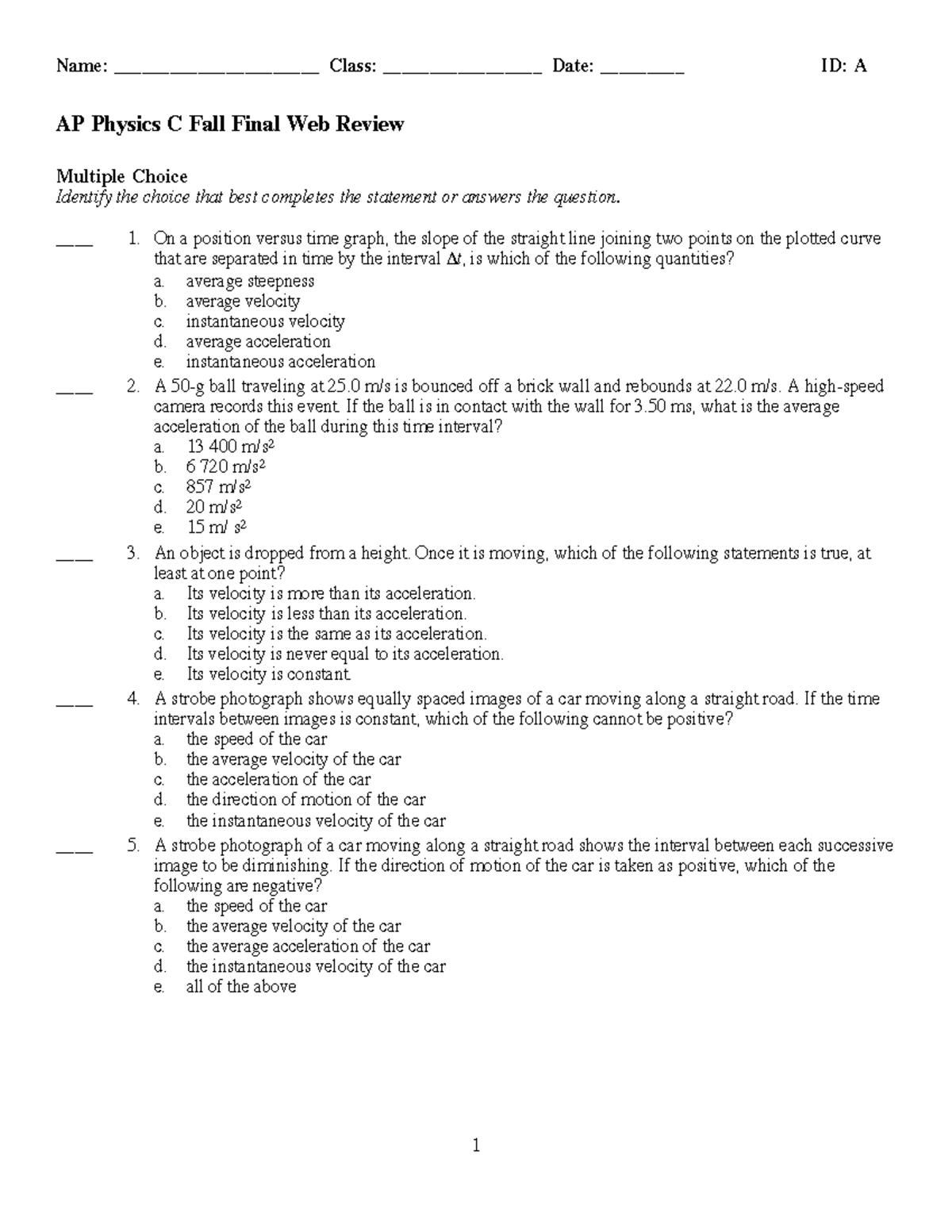 AP Physics C Fall Final Exam Review: Multiple Choice Questions - Studocu
