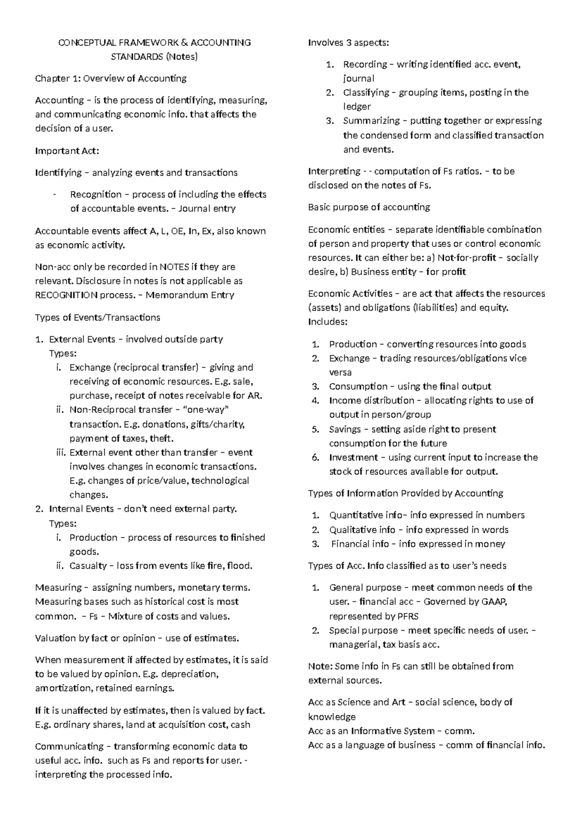 CFAS Notes: Chapter 1 - Overview of Accounting Concepts and Standards ...