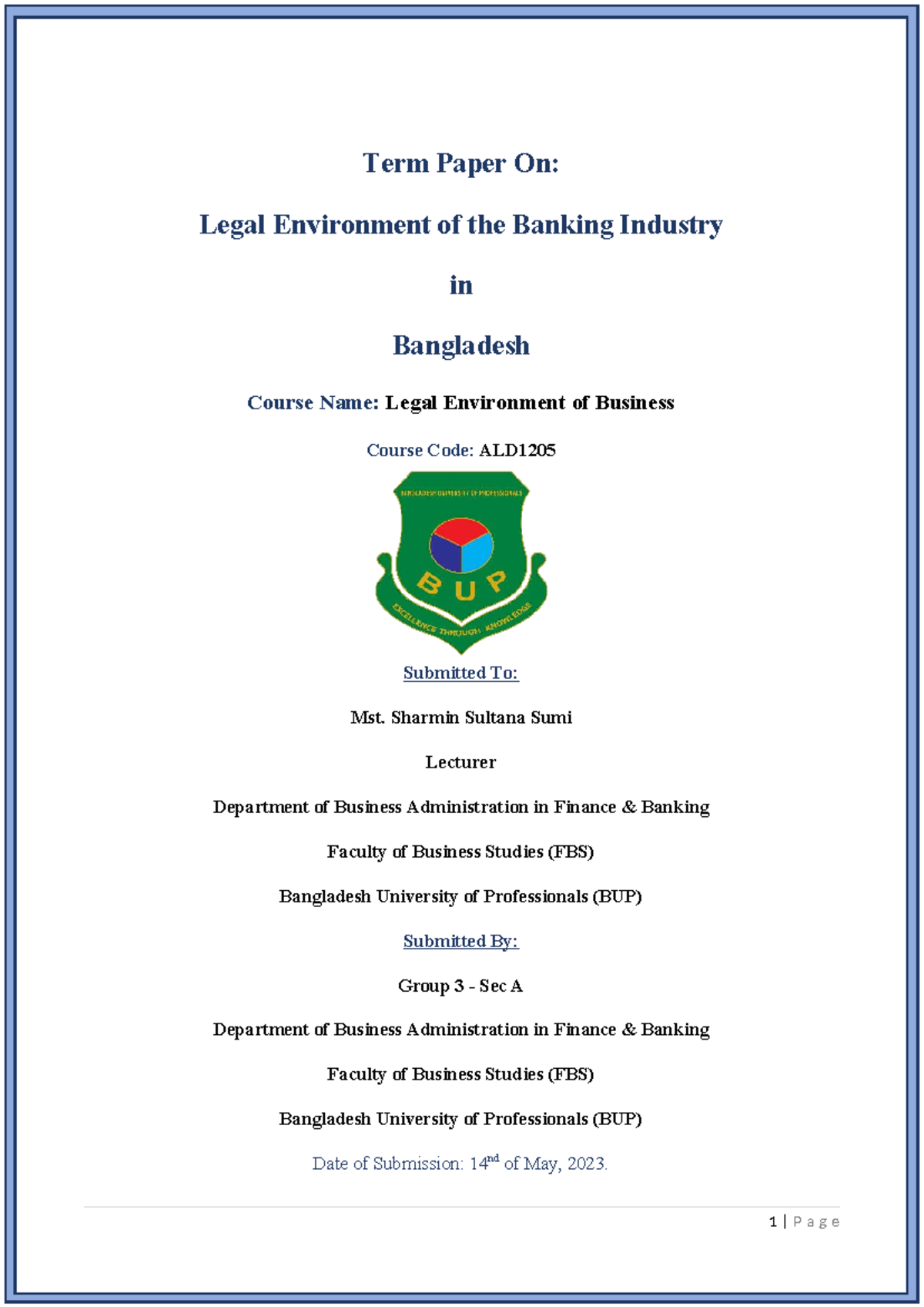 Final Term Paper on Legal Environment of Banking in Bangladesh (ALD1205 ...