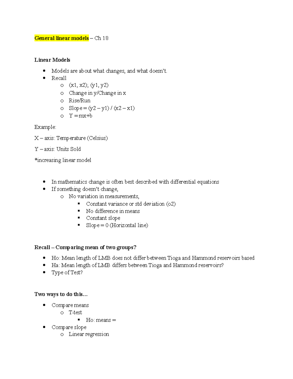 Week 7-8 Lecture 1: General Linear Models Overview and Examples - Studocu