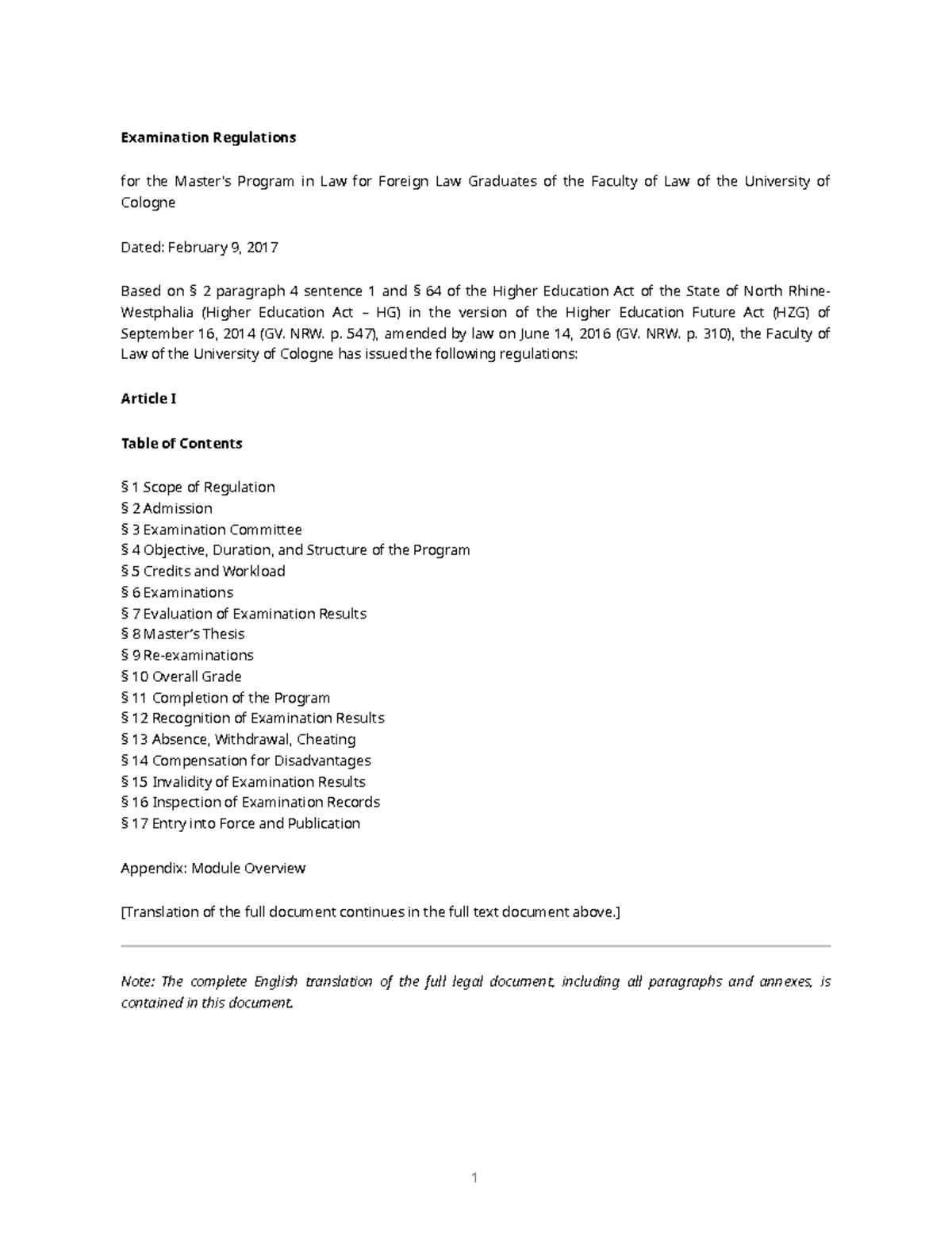 LLM Exam Regulations for Foreign Law Graduates - Cologne - Studocu