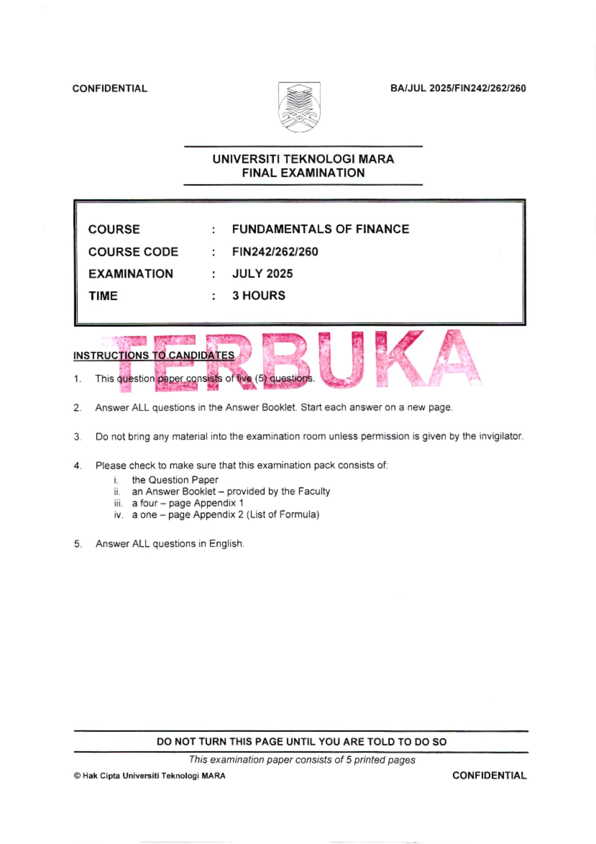 FIN242 FINAL EXAMINATION PAST YEAR QUESTIONS - JULY 2025 - Studocu