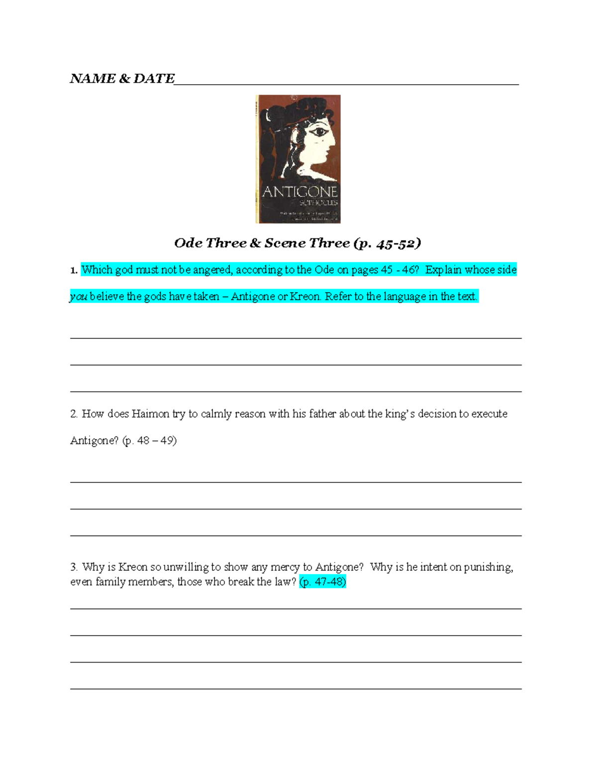 2021 Ode 3 Scene 3 Analysis Questions (Pages 45-52) - Studocu
