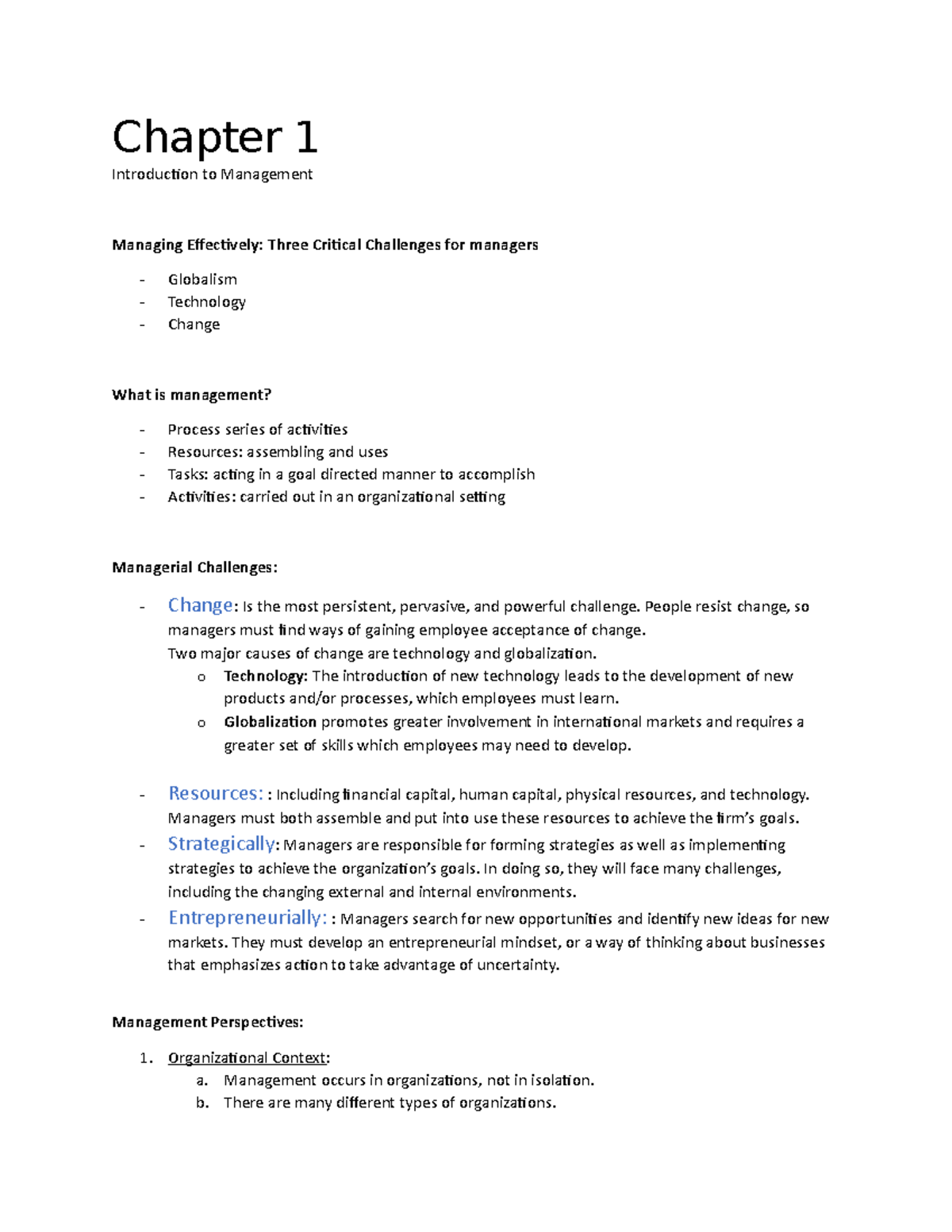 Principles of Management (MGMT 101) Class Notes Summary - Studocu
