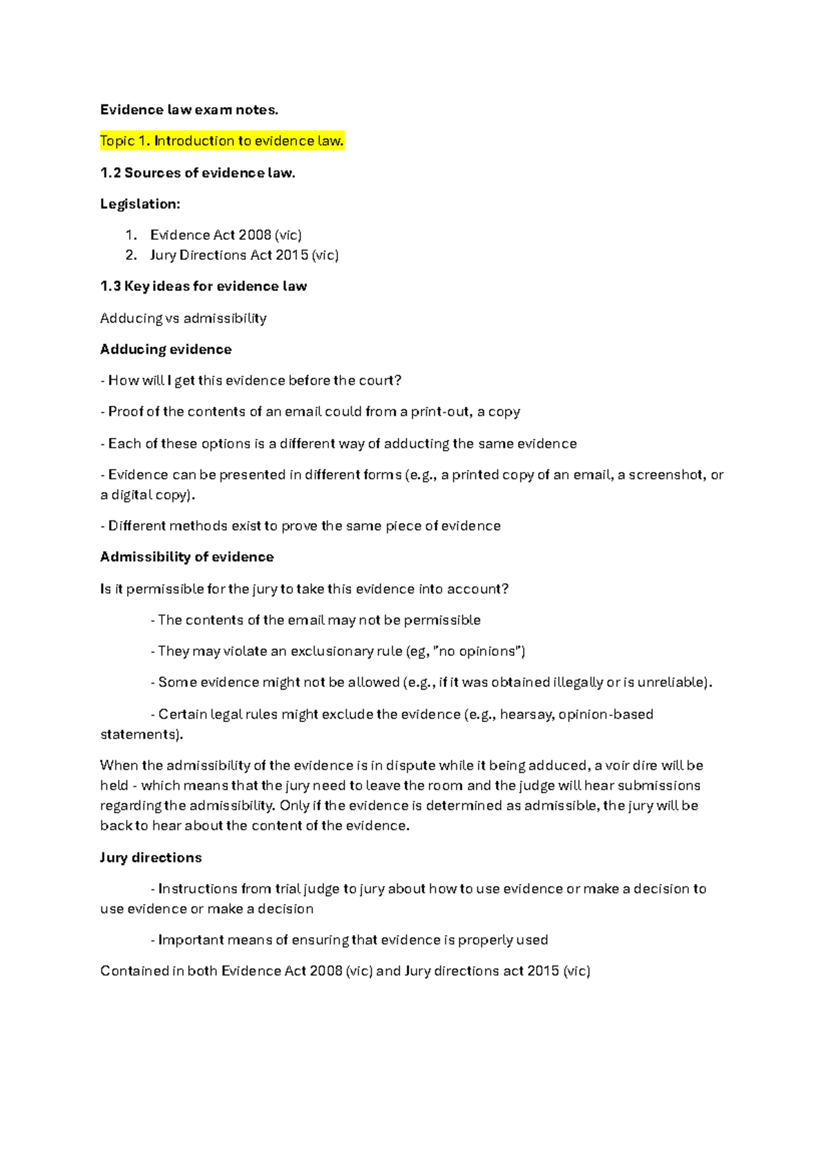 Evidence Law Exam Notes: Key Concepts and Sources (LAW101) - Studocu