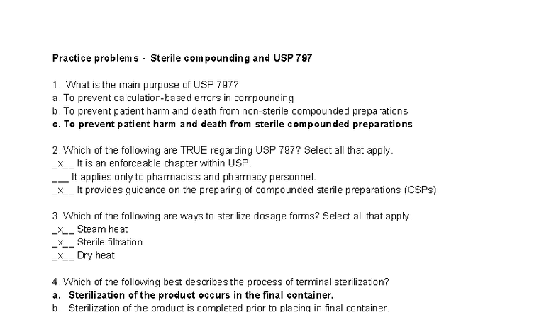 Practice Problems on Sterile Compounding & USP 797 Compliance - Studocu