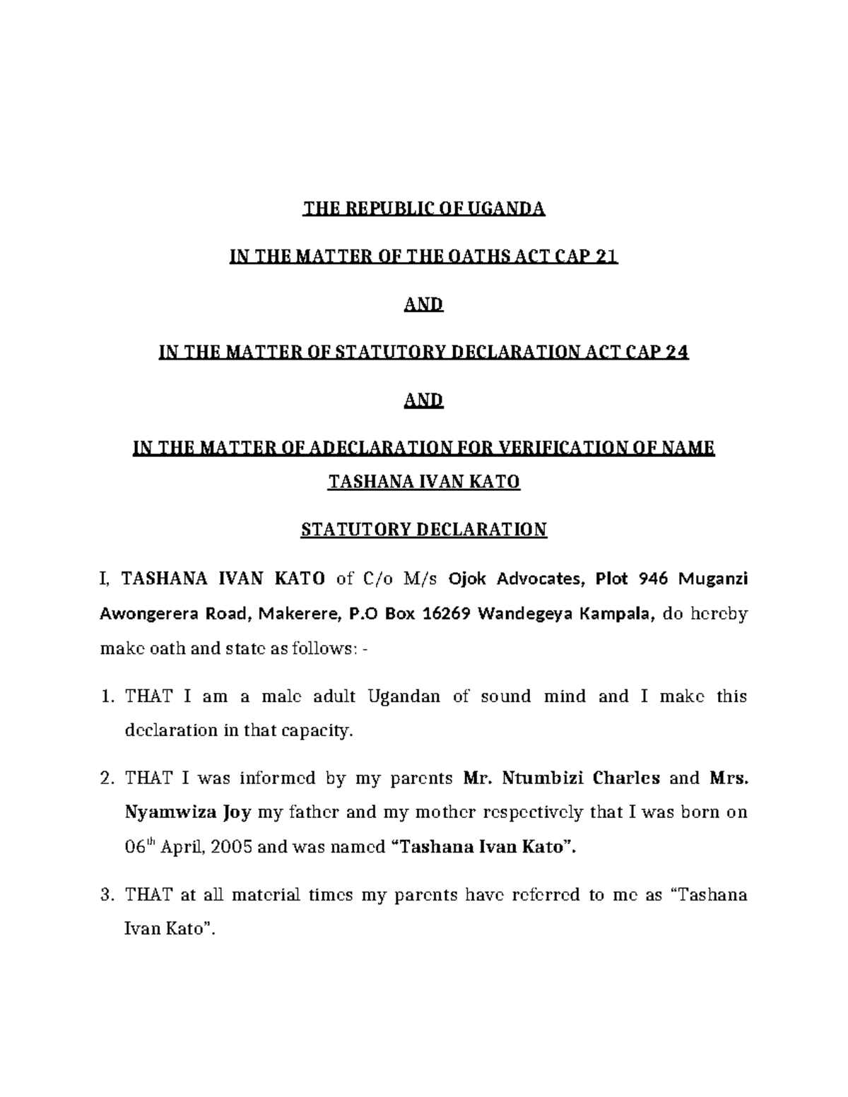 Statutory Declaration Format: Kato Tashana Ivan - NIRA Name Correction ...