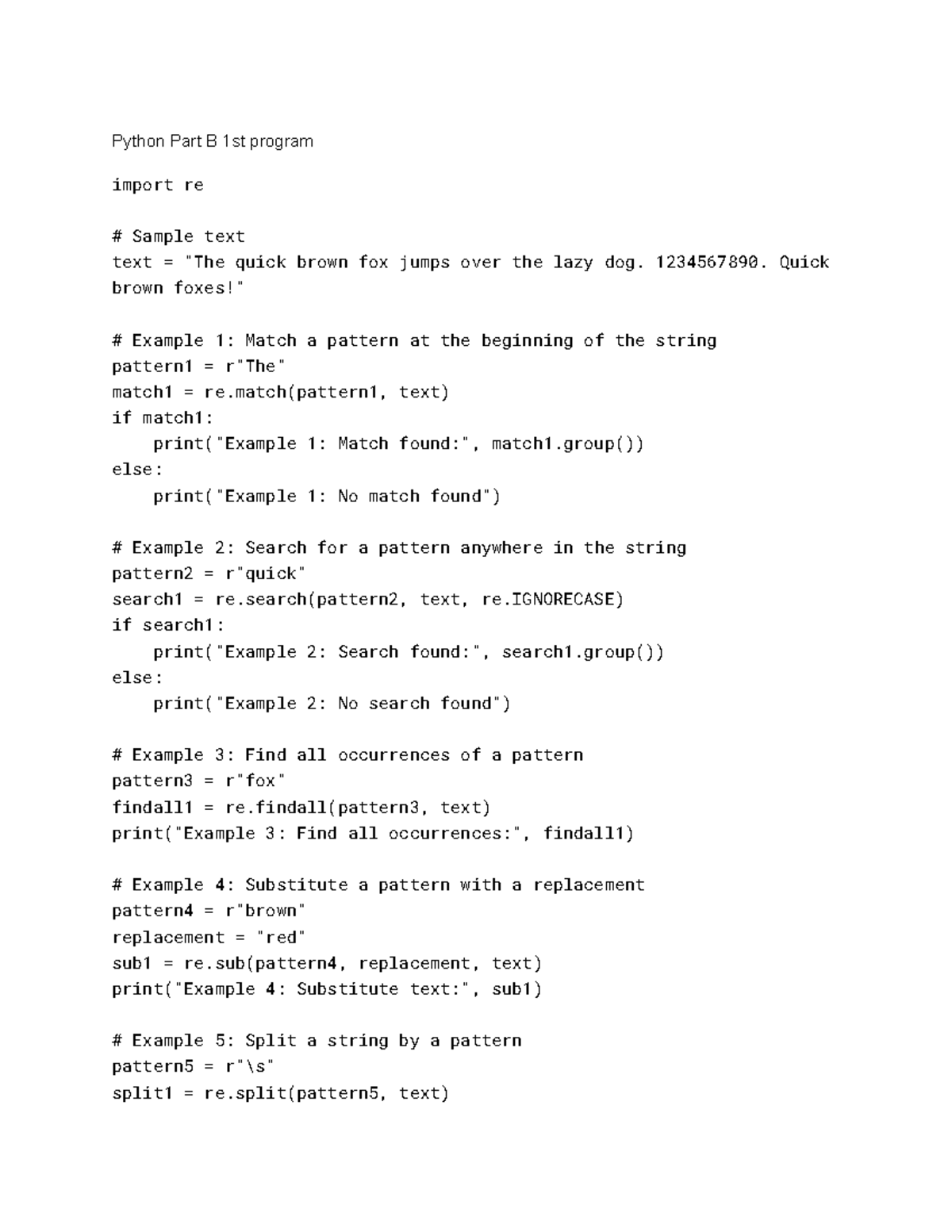 Python Lab Program 1 Part B: Regex Examples and Usage - Studocu