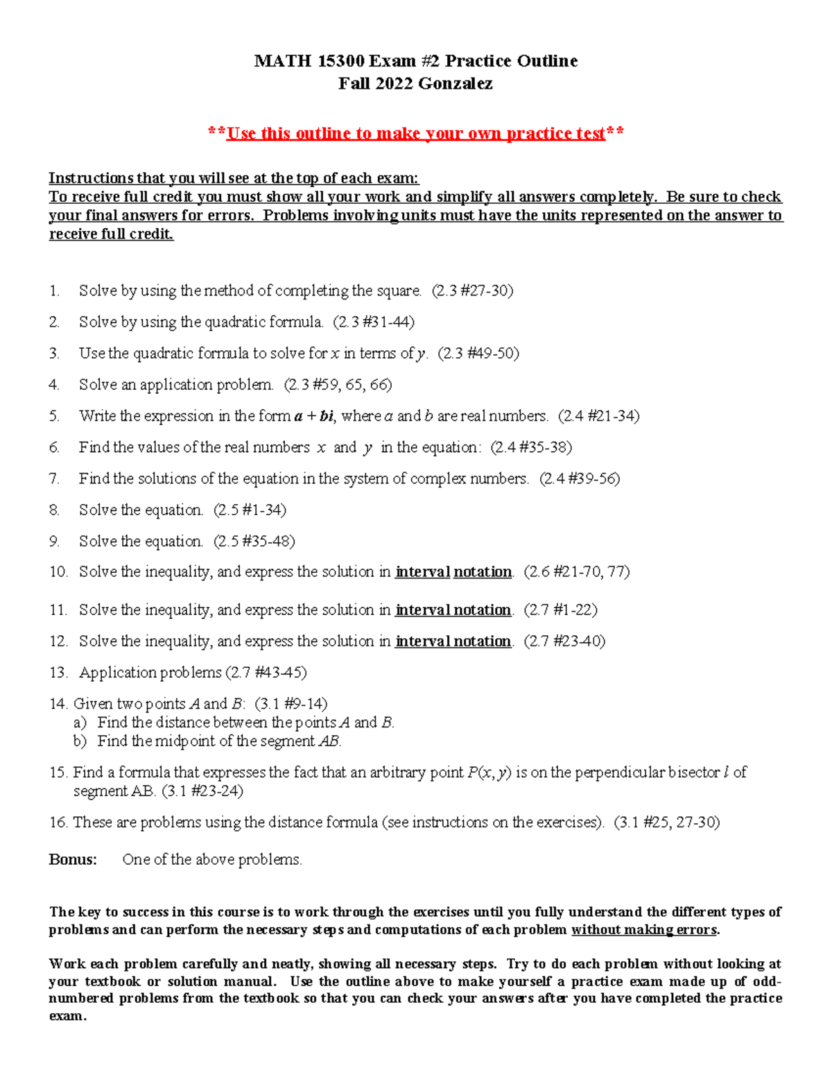 MATH 15300 Exam #2 Practice Test Outline - Fall 2022 Gonzales - Studocu