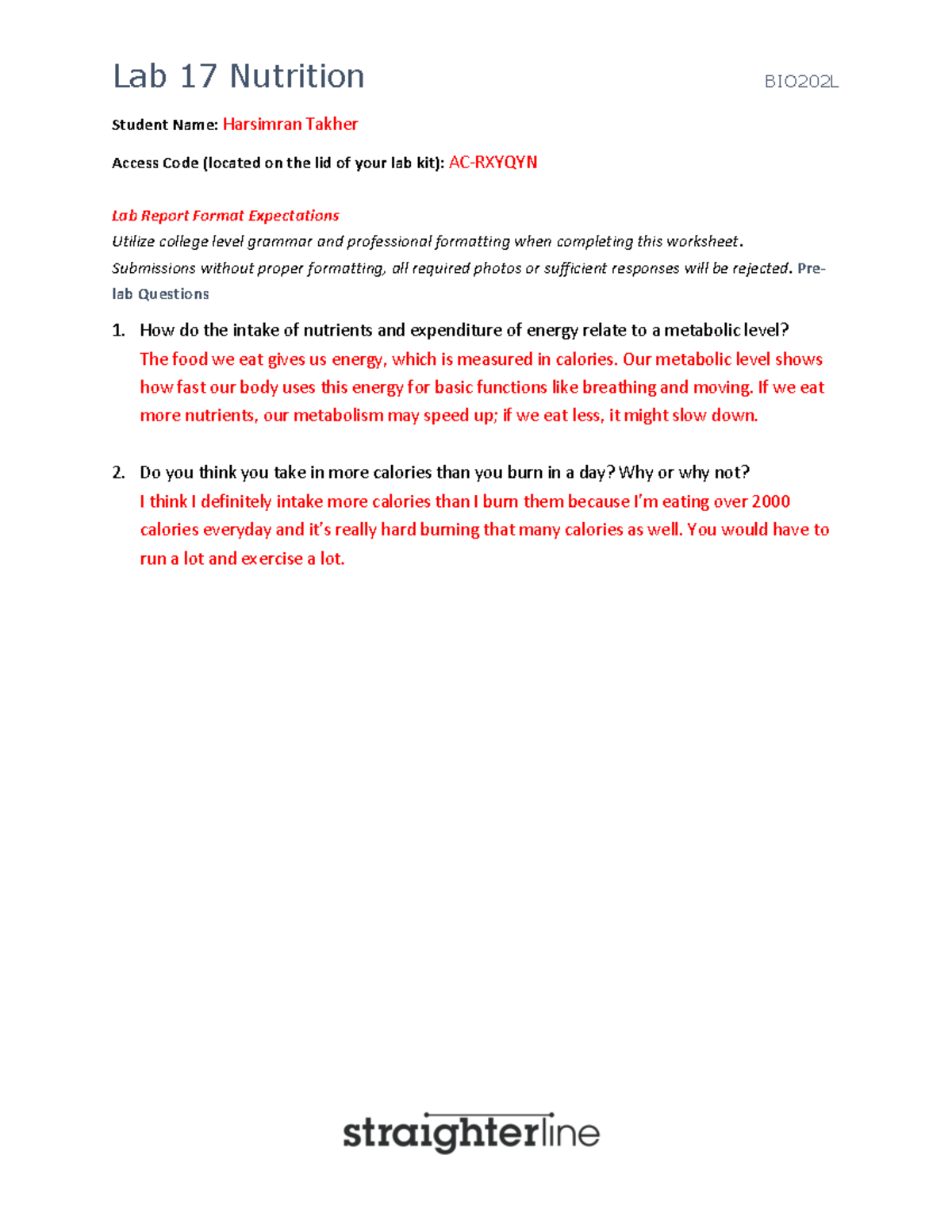 Aaalab 17 nutrition final - Student Name: Harsimran Takher Access Code ...