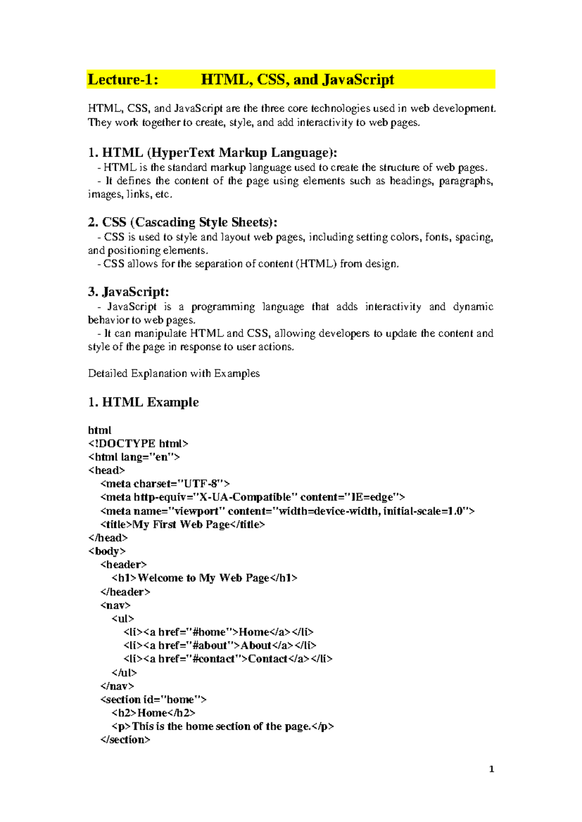 Lecture-1: Introduction to HTML, CSS, and JavaScript - Studocu