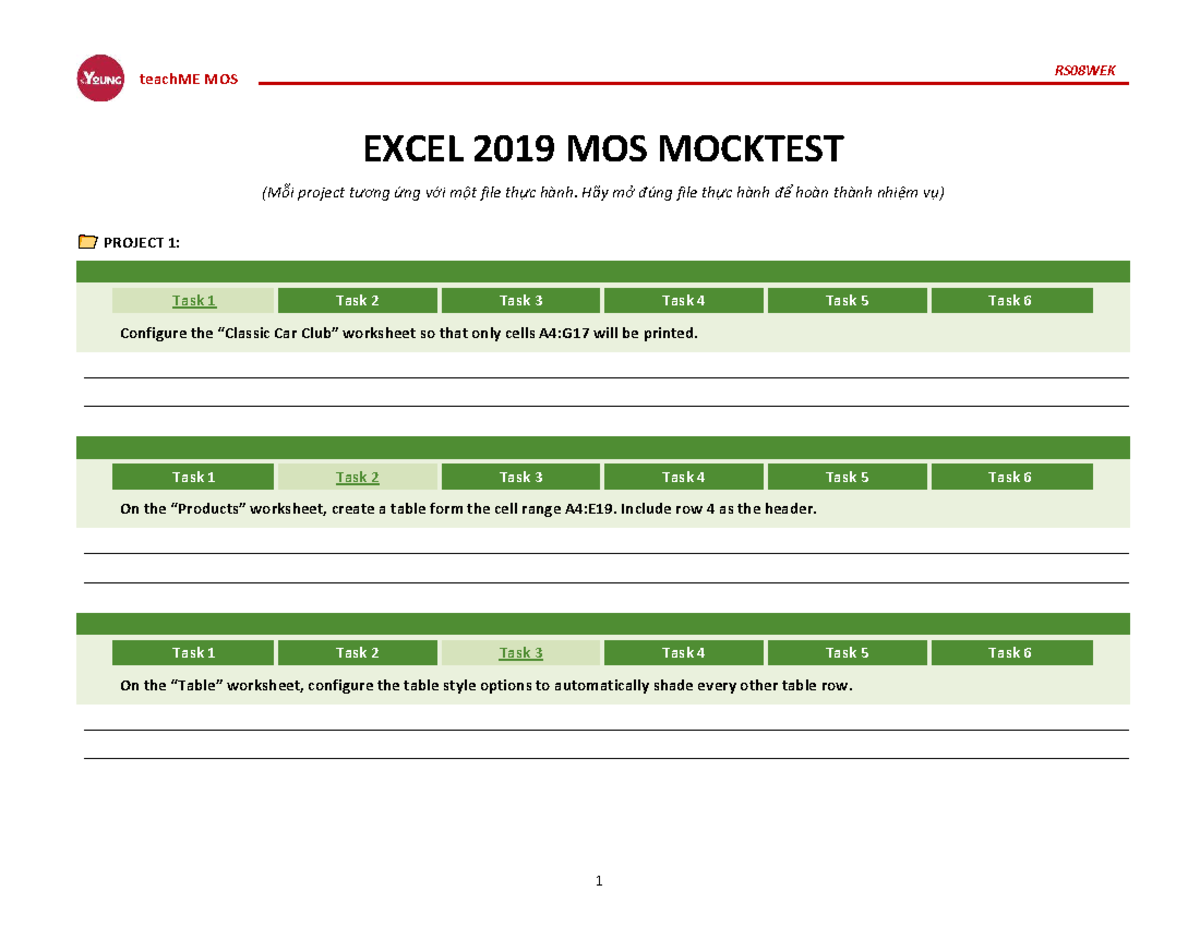 RS08WEK teachME MOS EXCEL 2019 Mock Test Overview and Tasks - Studocu