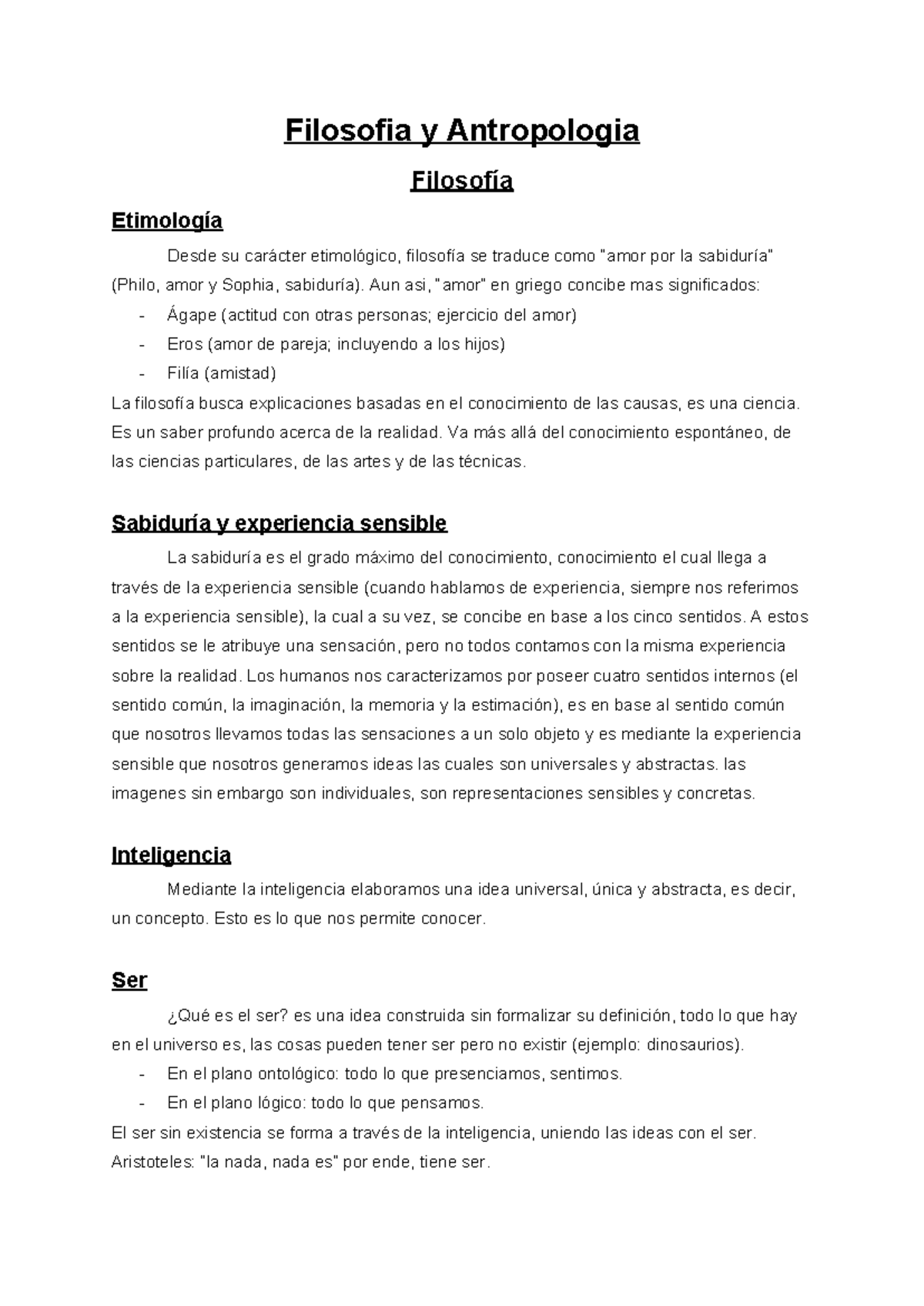 Filosofía y Antropología: Resumen Complementado (Curso 101) - Studocu