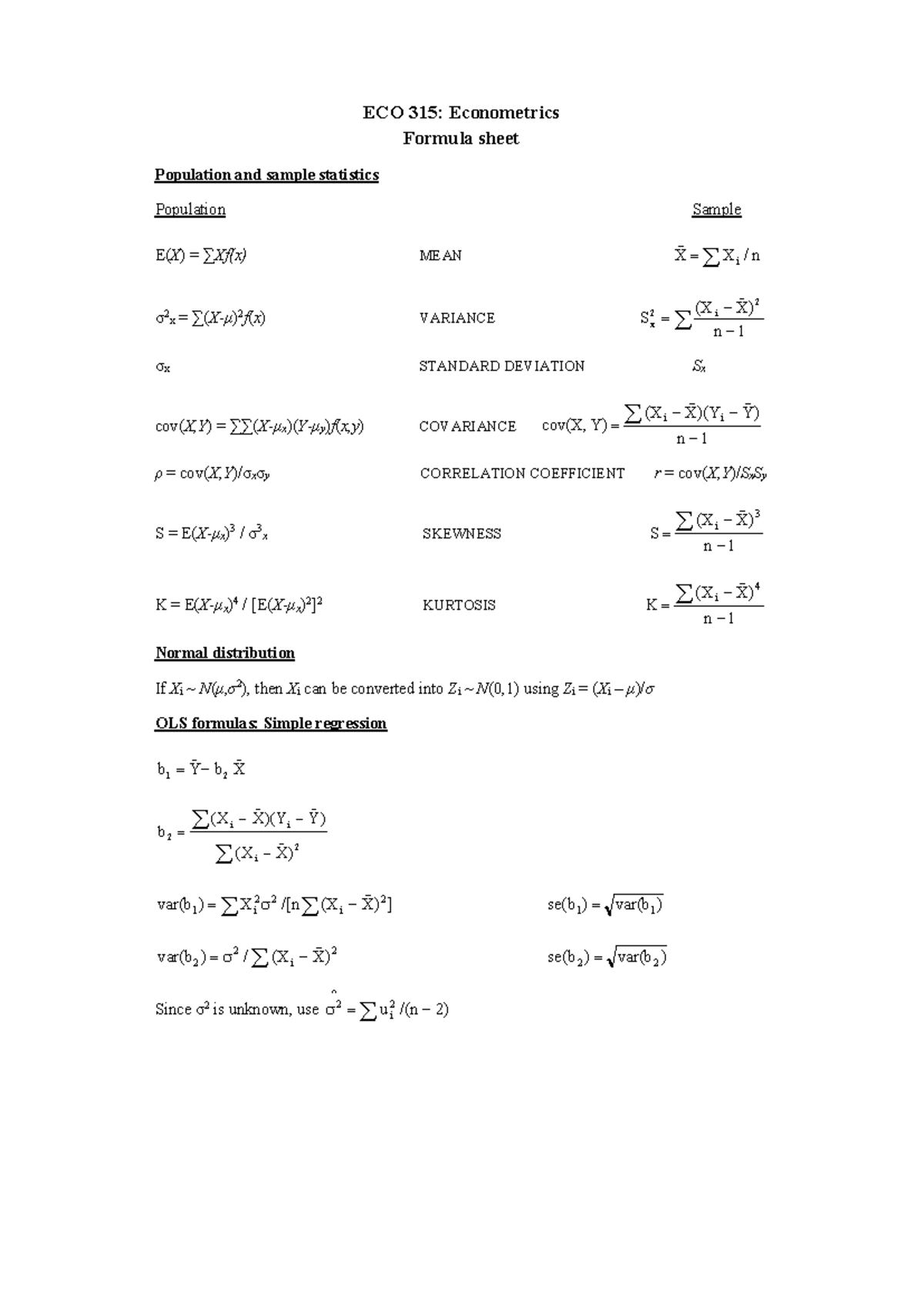 ECO 315: Econometrics Formula Sheet for Population & Sample Stats - Studocu