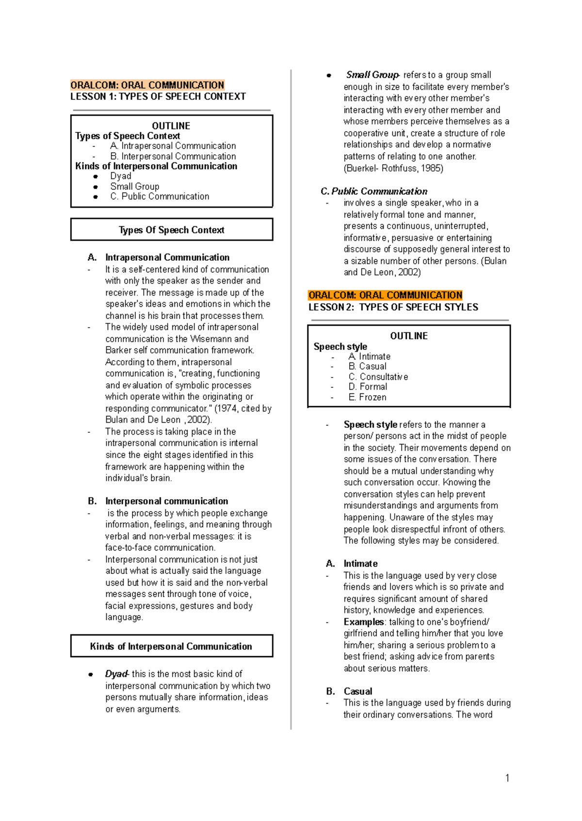 ORALCOM: ORAL COMMUNICATION LESSONS 1-4 OUTLINE & KEY CONCEPTS - Studocu