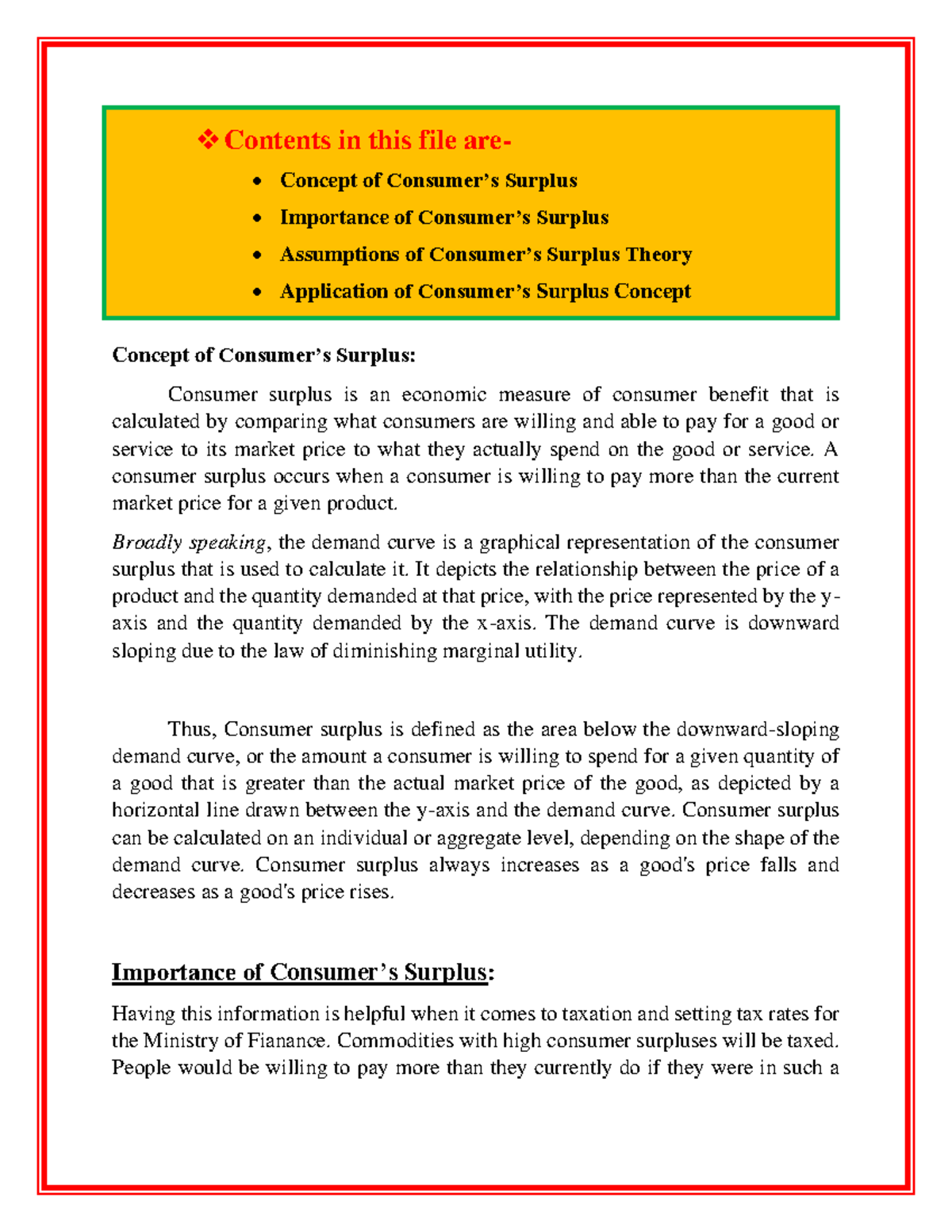 Consumer's Surplus - Lecture Notes 1: Key Concepts and Applications ...