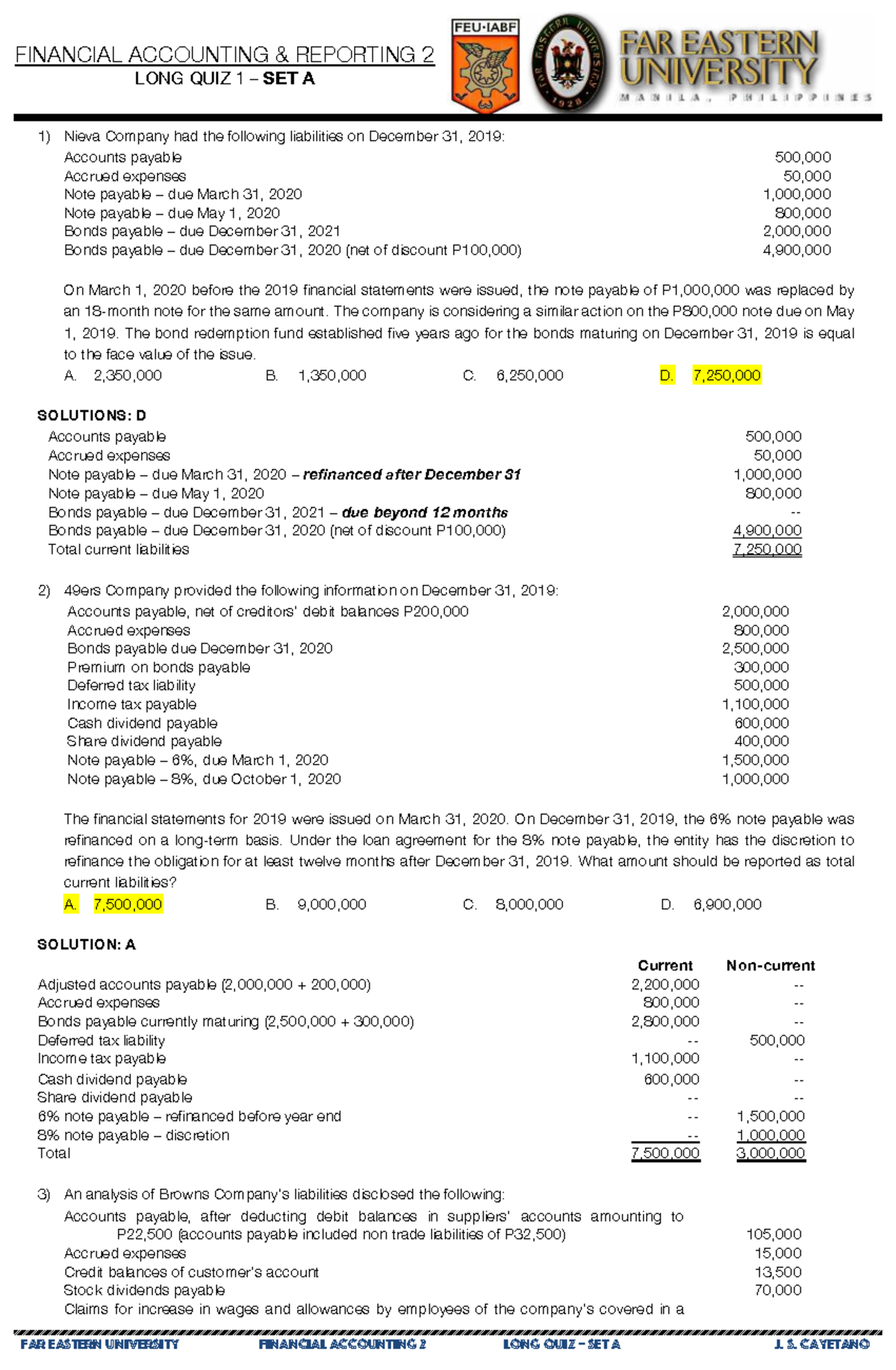 FINANCIAL ACCOUNTING 2 LONG QUIZ 1 SET A SOLUTIONS - Studocu