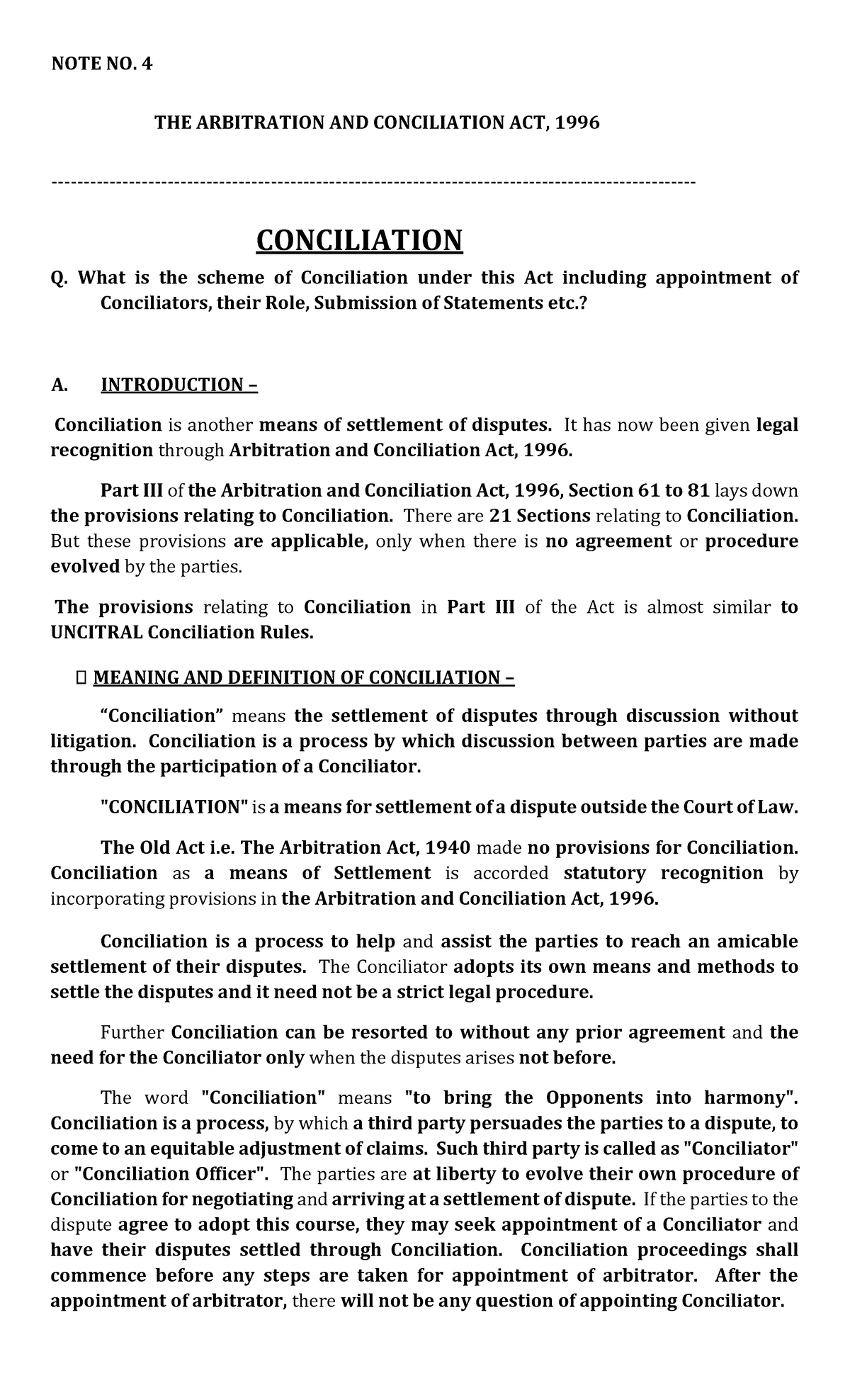 Notes on The Arbitration and Conciliation Act, 1996 - Indian Law - Studocu