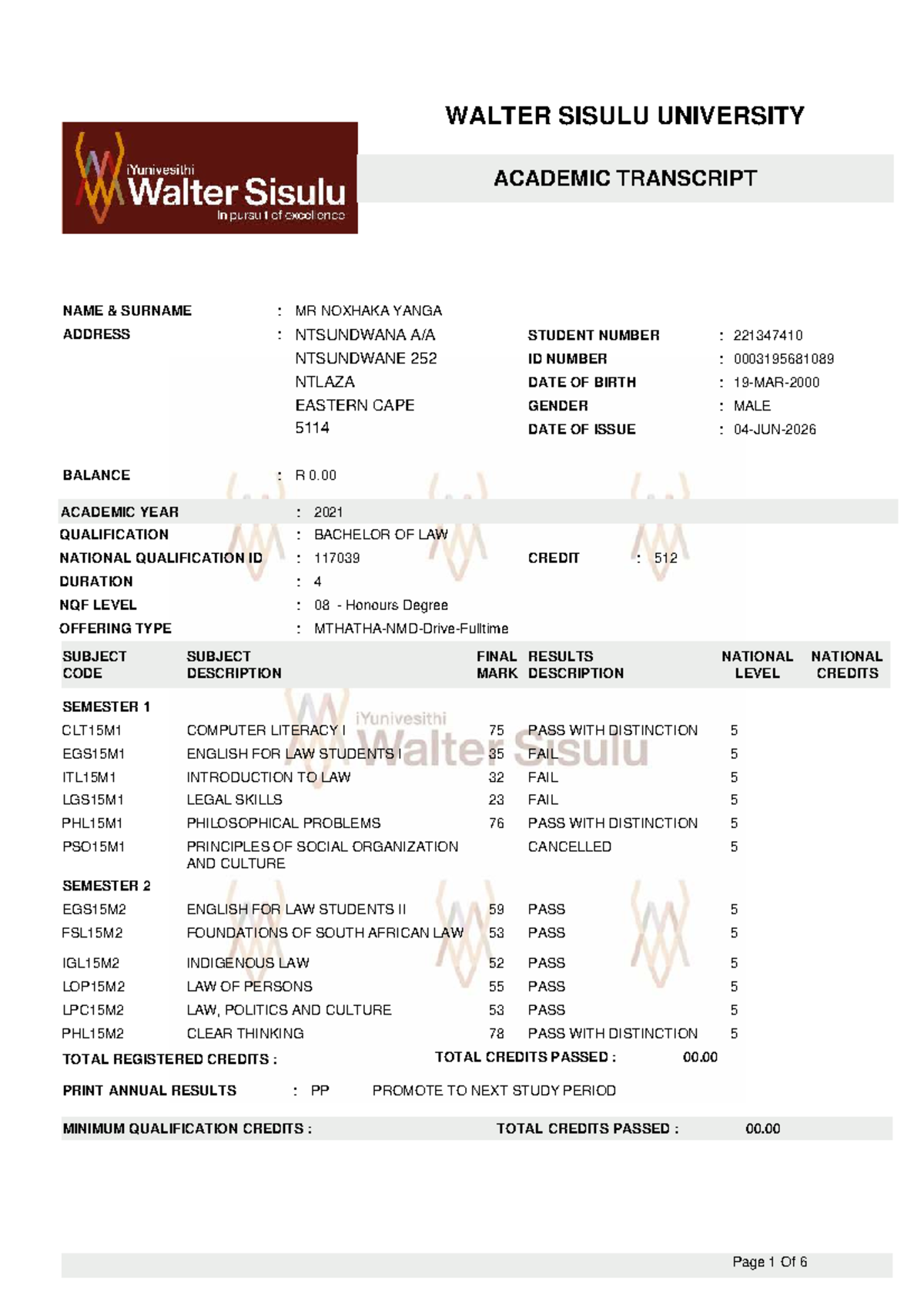 WALTER SISULU UNIVERSITY BACHELOR OF LAW ACADEMIC TRANSCRIPT - Studocu